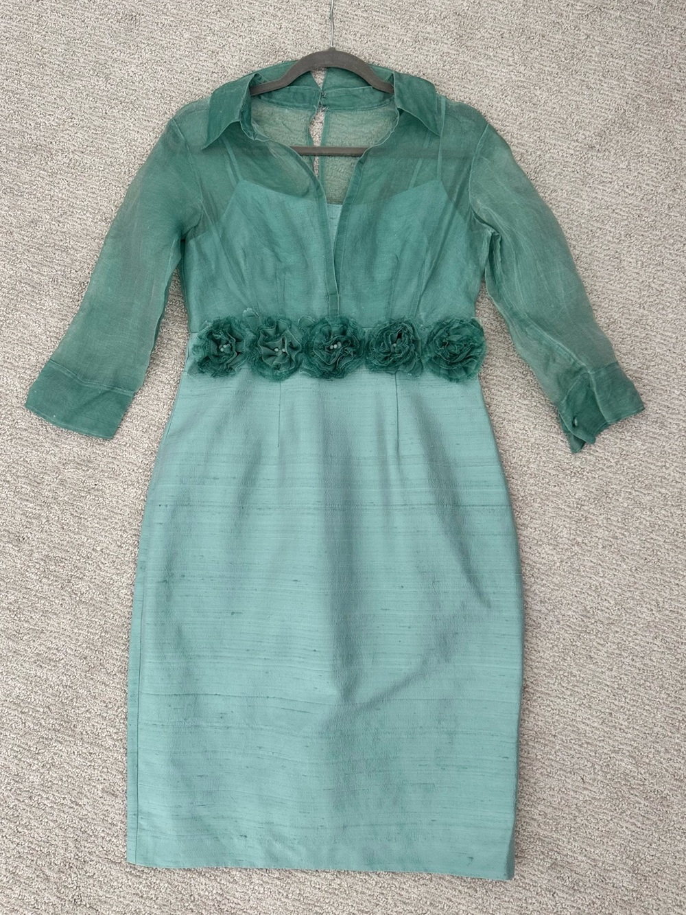 KAY UNGER GREEN SILK DRESS SZ 6 Collar Flowers Party Event Cocktai Wedding